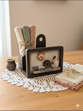 Rustic Wooden Napkin & Cozy Decor Caddy with Chick Accent - Cream, Sage, Blush